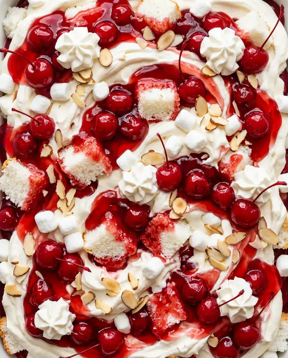Cherries in the Snow With Creamy No-Bake Layers Extreme close-up of Cherries in the Snow with cherry filling, whipped cream, angel food cake, and marshmallows