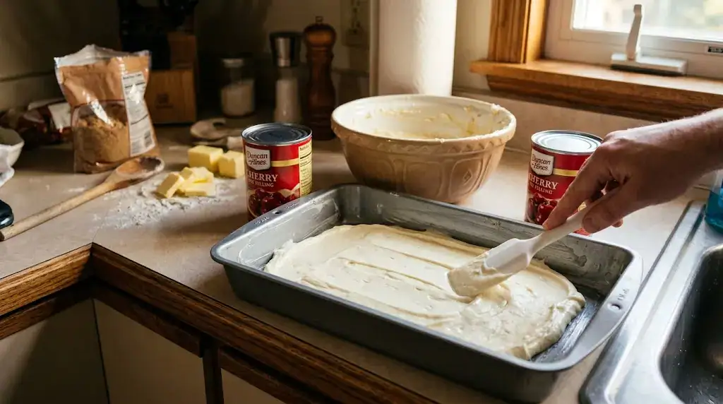 Hand spreading creamy cheesecake layer in dish for cherry cheesecake dump cake