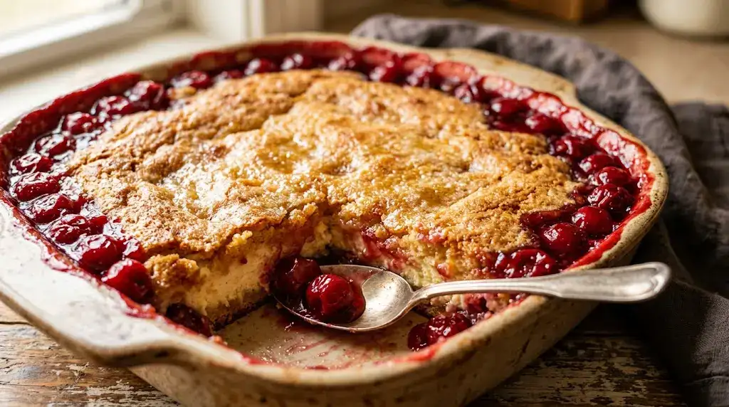 Cherry cheesecake dump cake with golden crust, bubbling cherries, and creamy cheesecake layer