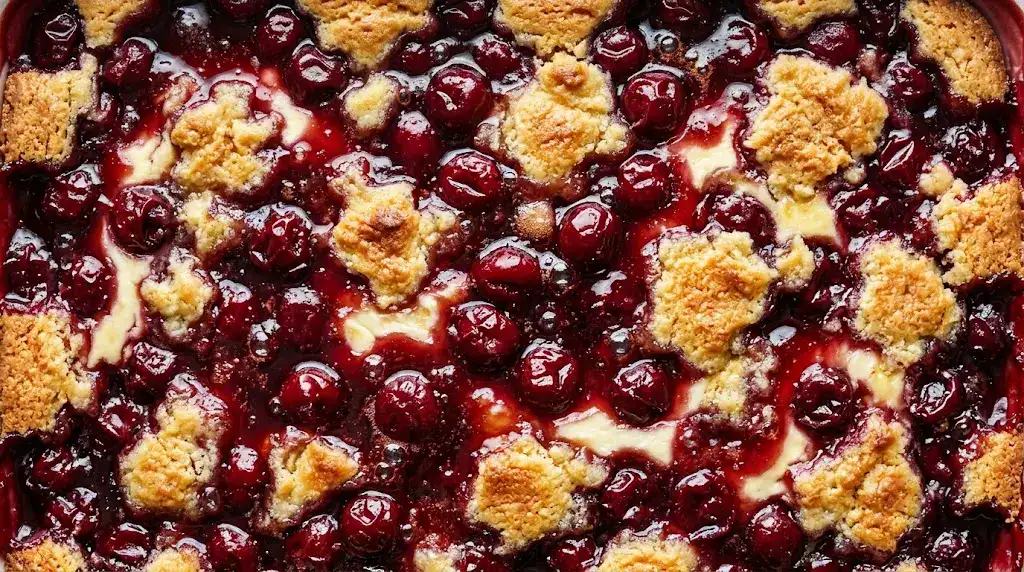 Cherry cheesecake dump cake with glossy cherries, creamy cheesecake, and golden cake crust close-up