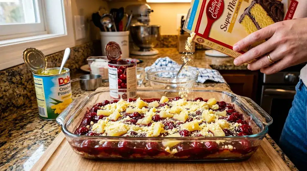 Cherry Dump Cake With Golden Buttery Topping (Easy) Cherry dump cake being prepared with cherry filling, pineapple, and cake mix in baking dish