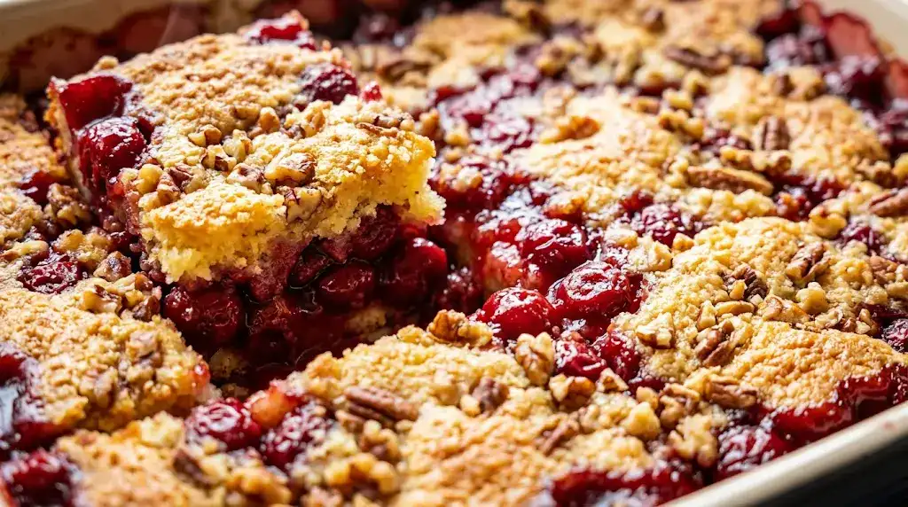 Cherry Dump Cake With Golden Buttery Topping (Easy) Cherry dump cake with golden topping, ruby cherries, nuts, and a partially cut slice