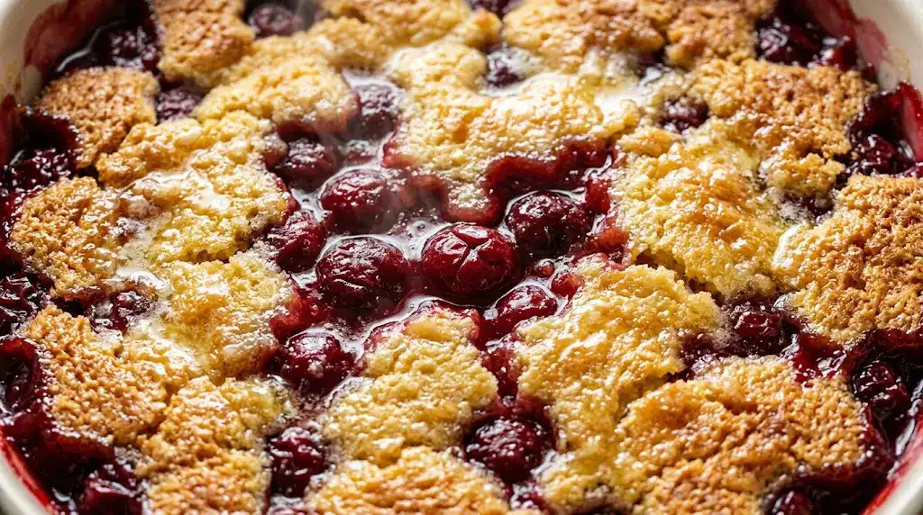 Cherry Dump Cake With Golden Buttery Topping (Easy) Close-up of cherry dump cake with golden crisp topping and bubbling red cherry filling