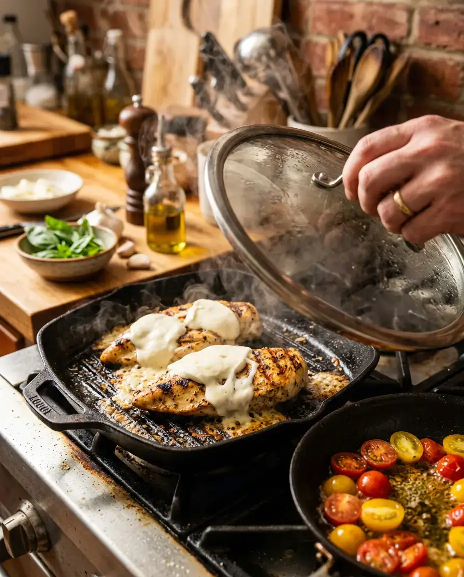 Chicken Margherita Skillet With Fresh Basil Flavor Chicken margherita cooking process with mozzarella melting over grilled chicken and tomatoes nearby