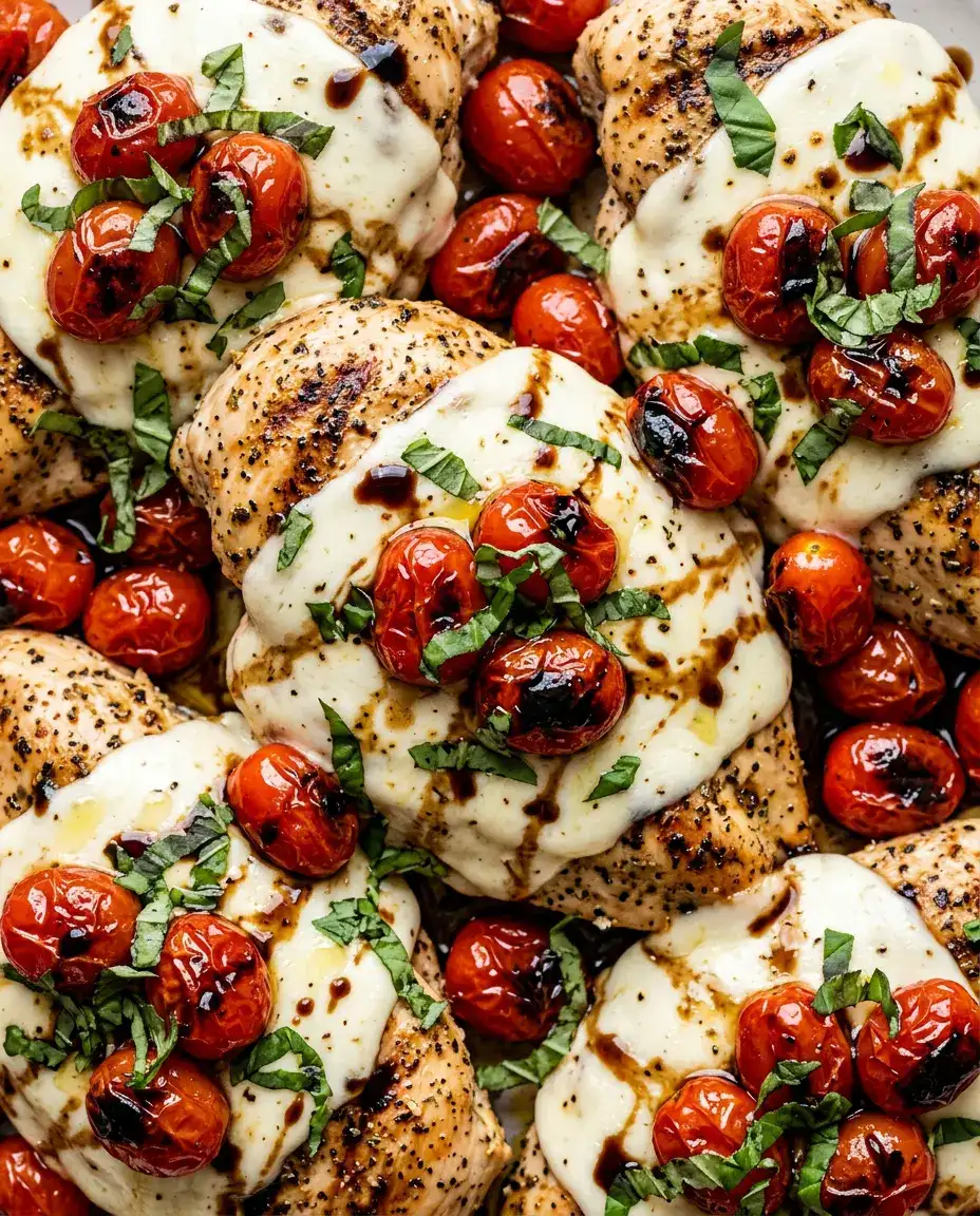 Chicken Margherita Skillet With Fresh Basil Flavor Extreme overhead view of chicken margherita with melted mozzarella, blistered tomatoes, basil, and balsamic glaze