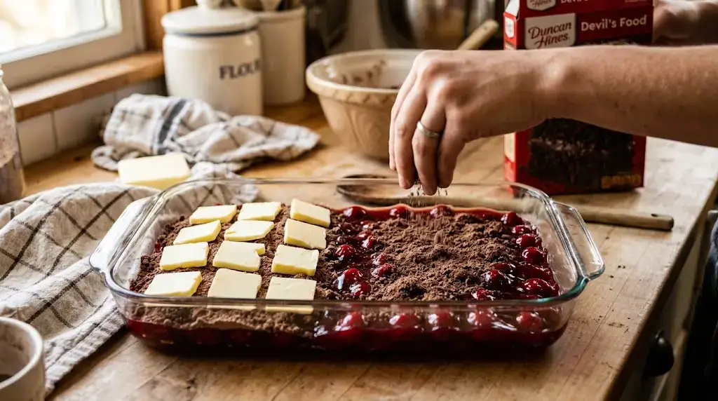 Chocolate Cherry Dump Cake — Rich and Simple Dessert Chocolate cherry dump cake in baking dish with cherries, cake mix, and butter mid-preparation
