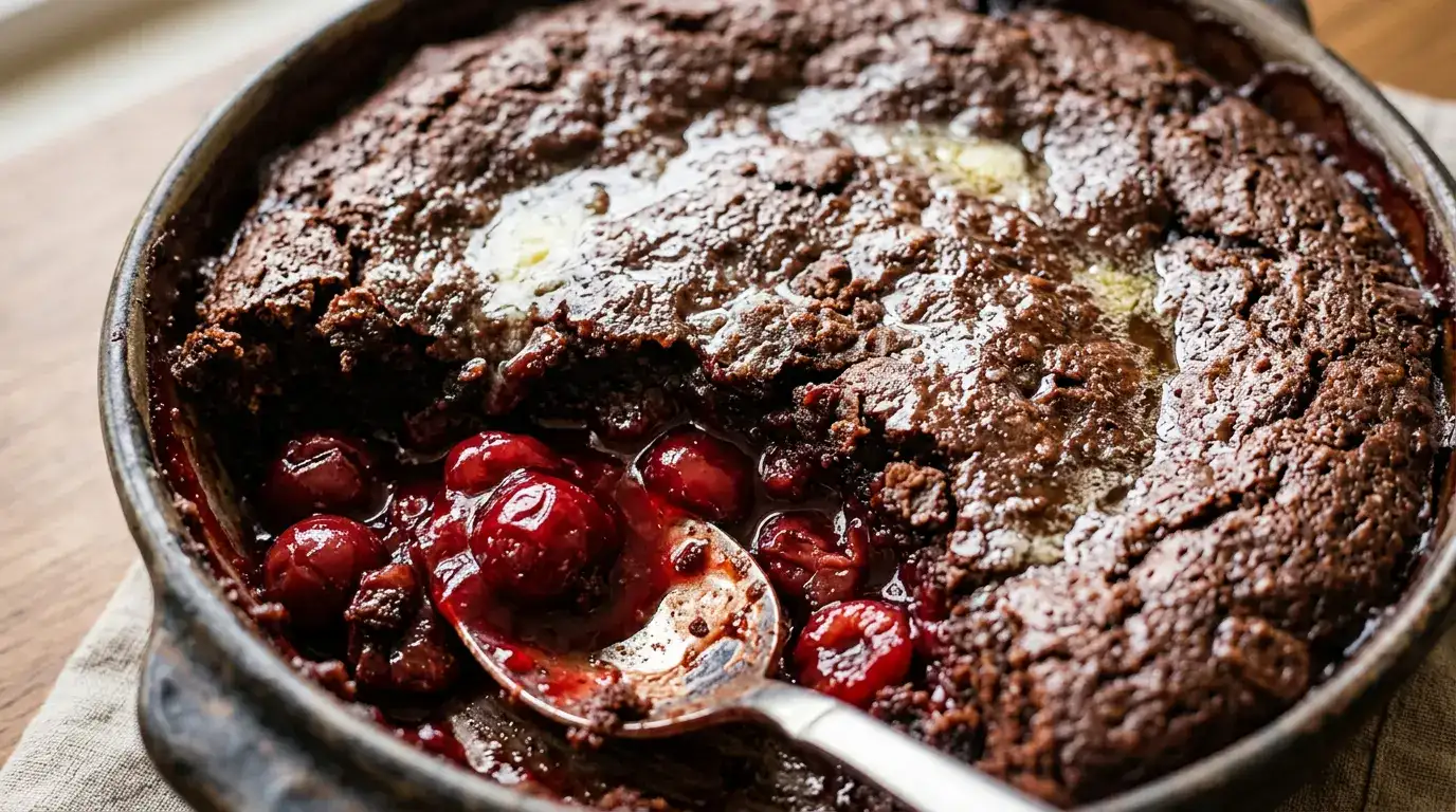 Chocolate Cherry Dump Cake — Rich and Simple Dessert Close-up of chocolate cherry dump cake portion revealing gooey cherry filling and chocolate topping