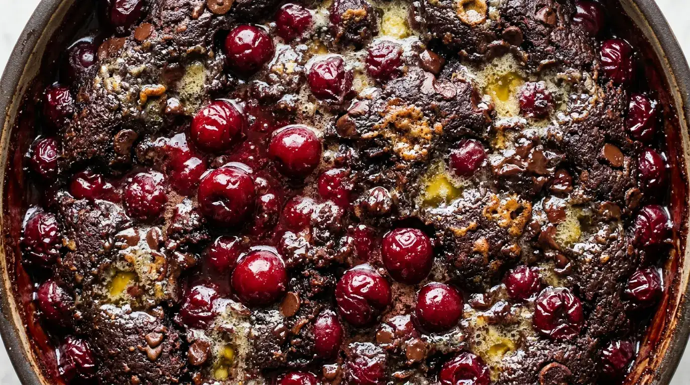 Chocolate Cherry Dump Cake — Rich and Simple Dessert Overhead view of chocolate cherry dump cake with glossy cherries and melted butter on top