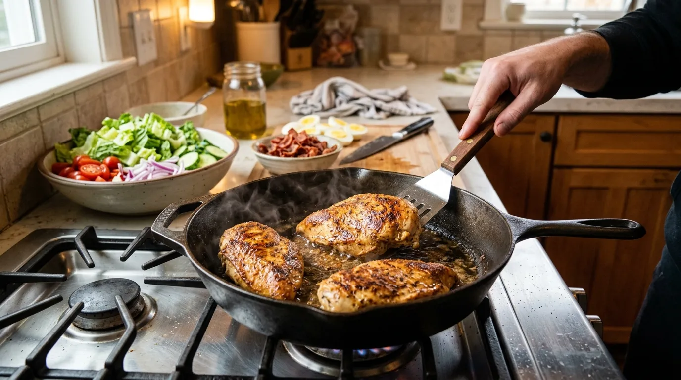 Cobb Salad Recipe With Fresh Ingredients — Quick Skillet with golden chicken being seared for a Cobb salad recipe, with vegetables nearby.