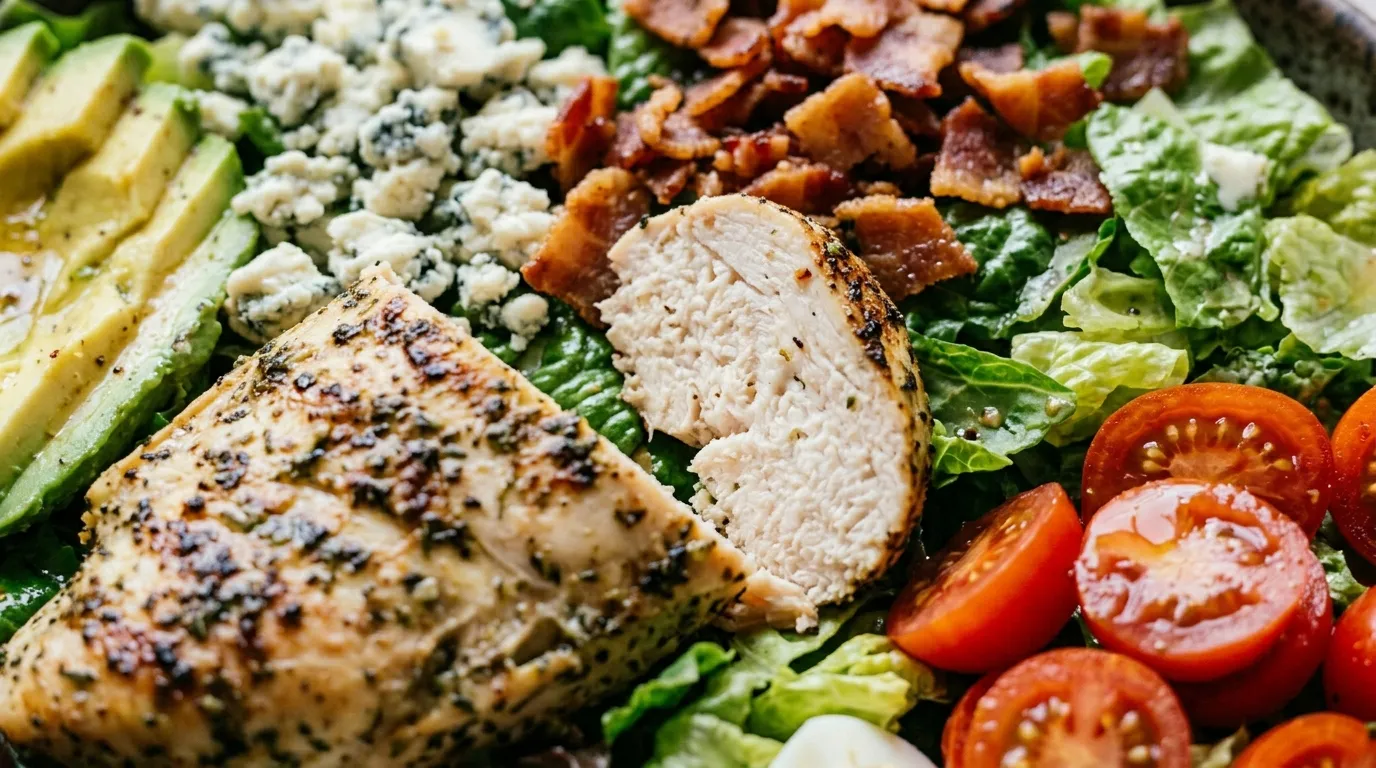 Cobb Salad Recipe With Fresh Ingredients — Quick Close-up of a Cobb salad recipe ready to serve, showing chicken, bacon, avocado, and eggs.