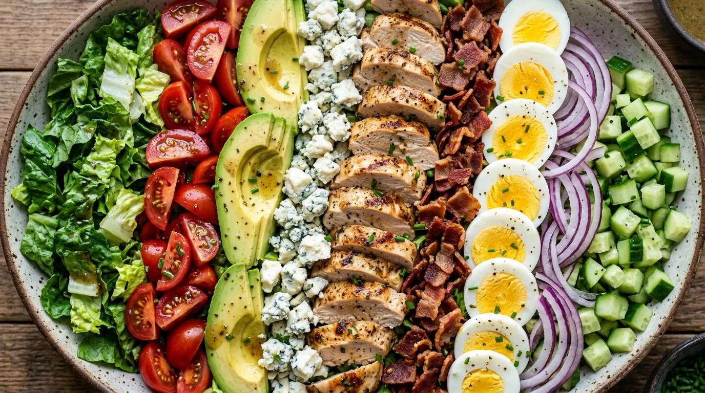Cobb Salad Recipe With Fresh Ingredients — Quick Overhead view of a vibrant Cobb salad recipe with chicken, bacon, avocado, and eggs.