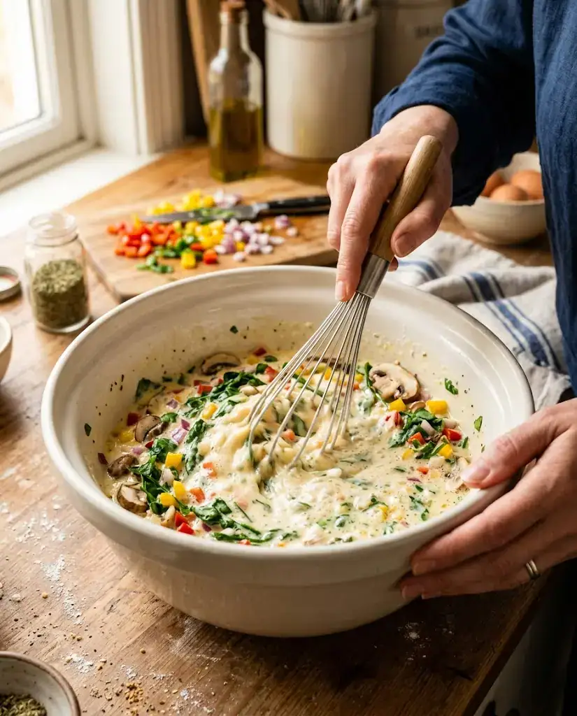 Large bowl of cottage cheese egg bake mixture with whisk and colorful vegetables.