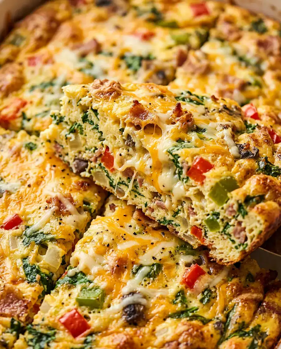 Close-up of a slice of cottage cheese egg bake showing creamy interior and melted cheddar.