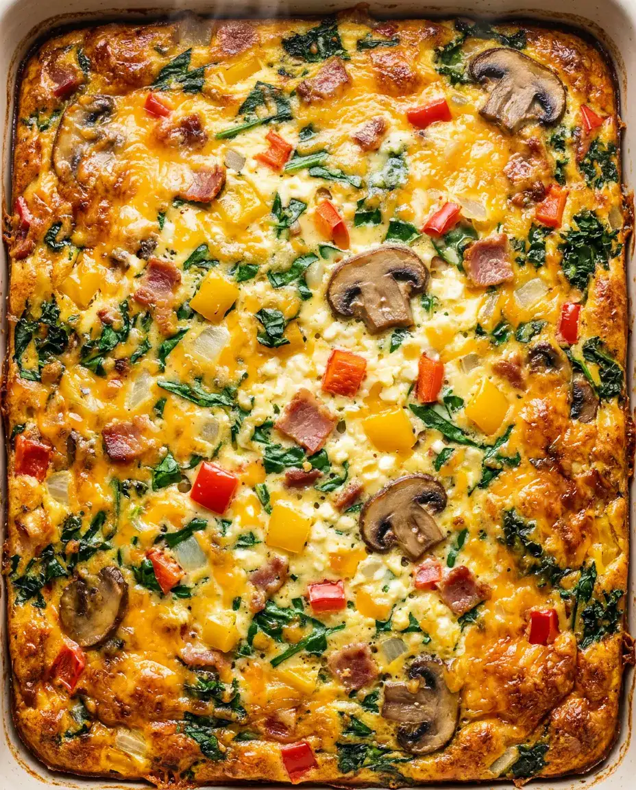 Overhead view of a golden cottage cheese egg bake with vegetables and melted cheddar.
