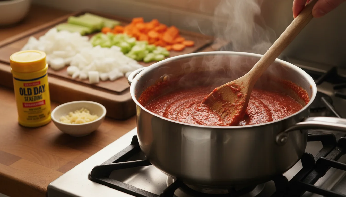 Creamy Crab Bisque with Lump Crab Meat Pot on stove with wooden spoon stirring thick roux for crab bisque, background with vegetables and seasonings.