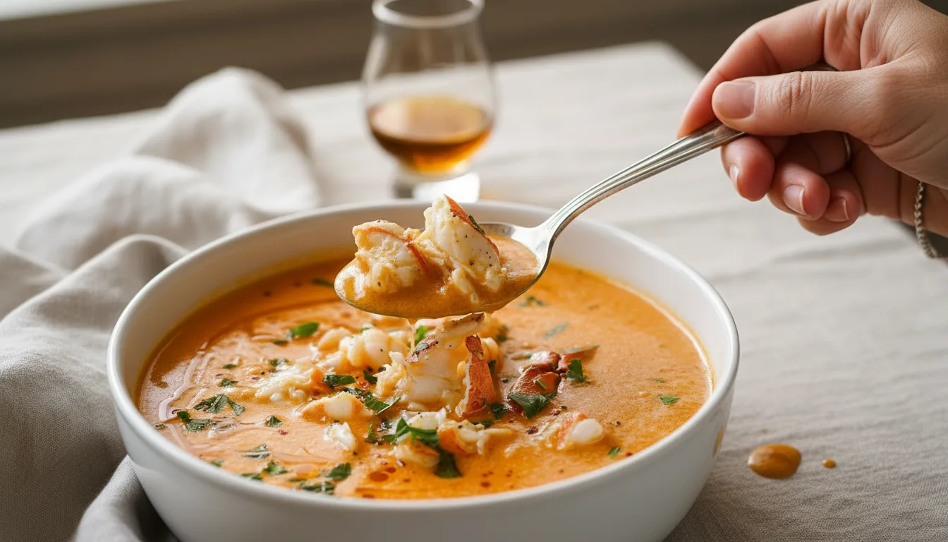 Creamy Crab Bisque with Lump Crab Meat Hand holding spoon with lump crab and creamy crab bisque, bowl on linen placemat.