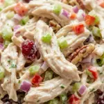 Close-up of creamy chicken salad recipe with shredded chicken, celery, red onion, and glossy dressing