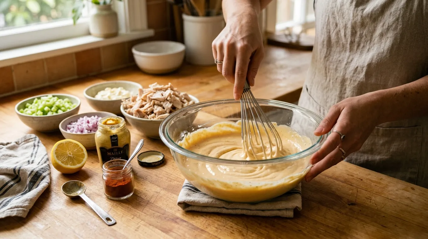 Creamy Chicken Salad Recipe With High-Protein Twist Hands whisk creamy dressing in bowl with shredded chicken and diced vegetables for chicken salad recipe
