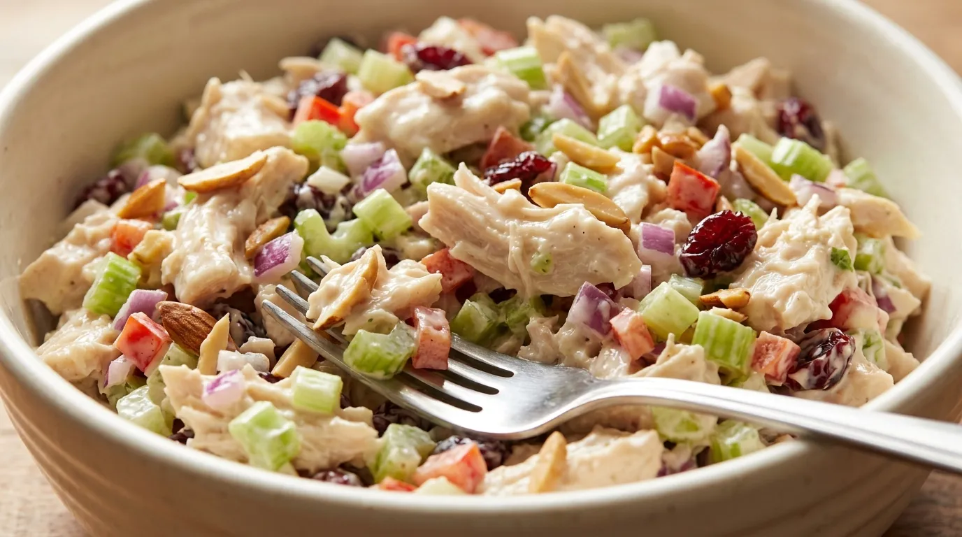 Creamy Chicken Salad Recipe With High-Protein Twist Close-up of creamy chicken salad recipe with fork, showing tender chicken and crisp vegetables in glossy dressing