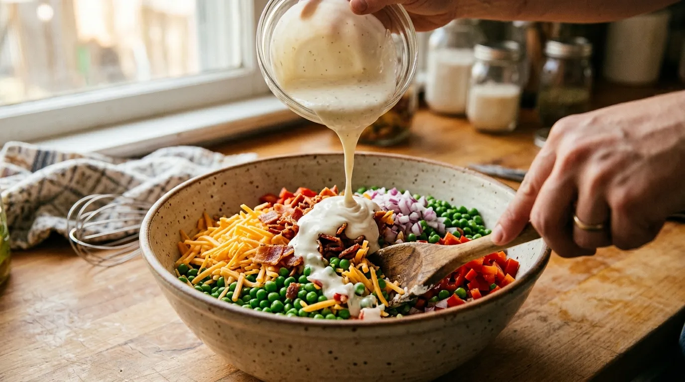 Creamy Pea Salad Recipe with Cheese and Fresh Herbs Hands pouring creamy dressing over peas, bacon, cheddar, and red peppers in bowl