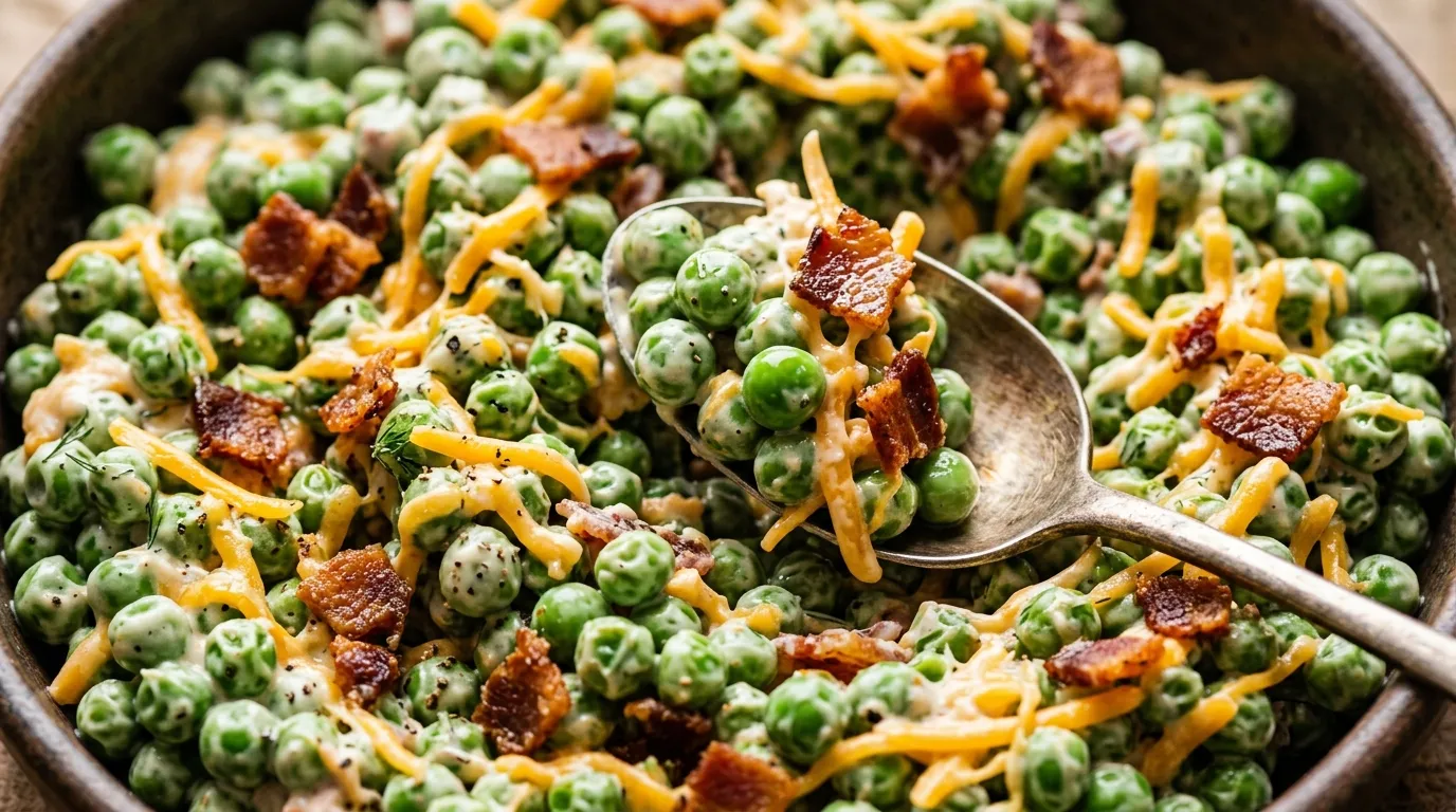 Creamy Pea Salad Recipe with Cheese and Fresh Herbs Close-up of creamy pea salad with bacon and cheddar, spoon lifting a portion