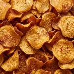Pile of crispy air fryer sweet potato chips with golden edges and light seasoning