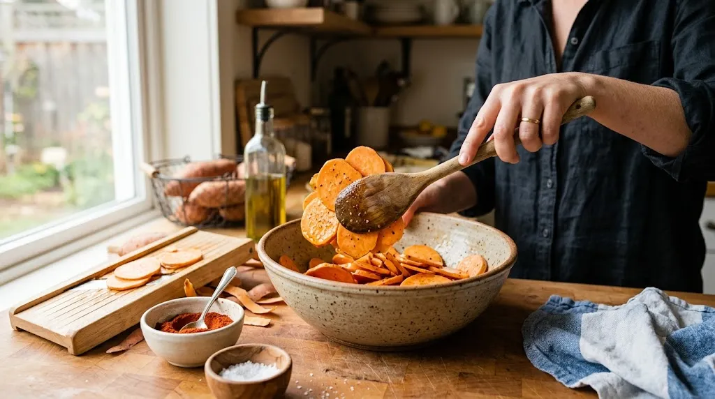 Crispy Air Fryer Sweet Potato Chips — Quick Snack Hand stirring sweet potato slices in a bowl with oil and seasonings