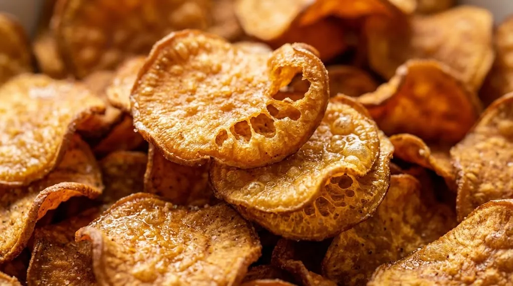 Crispy Air Fryer Sweet Potato Chips — Quick Snack Close-up of ready-to-eat crispy air fryer sweet potato chips showing golden texture