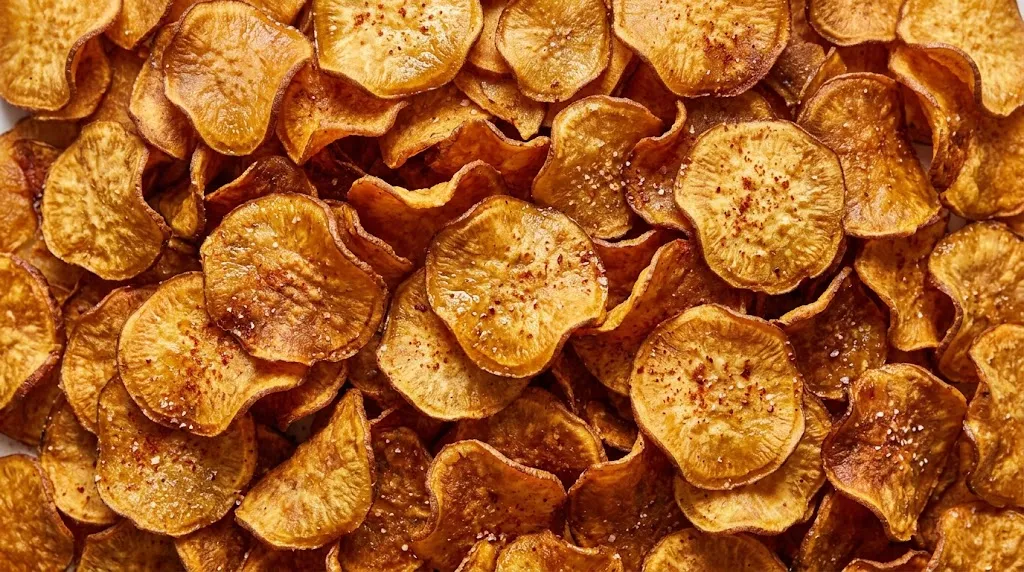 Crispy Air Fryer Sweet Potato Chips — Quick Snack Pile of crispy air fryer sweet potato chips with golden edges and light seasoning