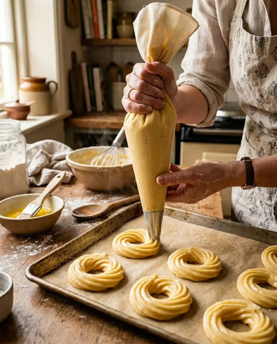 Cruller Donut Made With Light Choux Pastry (Baked) Hands piping choux dough into cruller donut shapes on a parchment-lined sheet