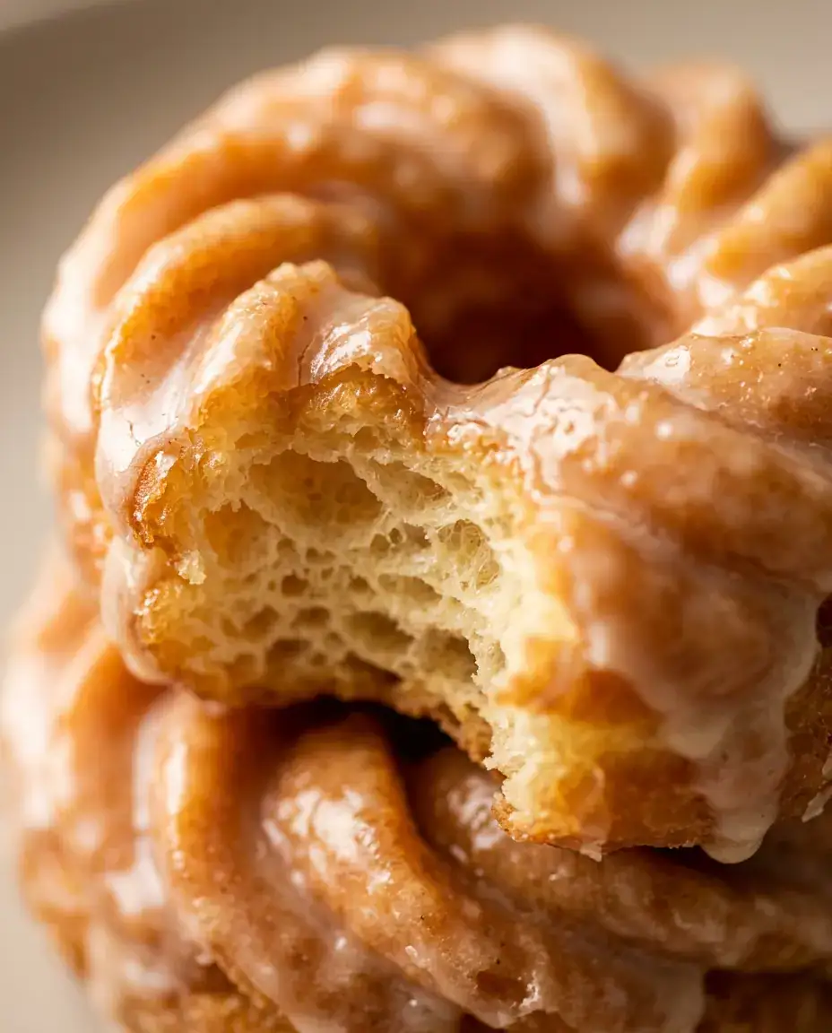 Cruller Donut Made With Light Choux Pastry (Baked) Close-up of a cruller donut with a bite revealing airy interior and glazed top