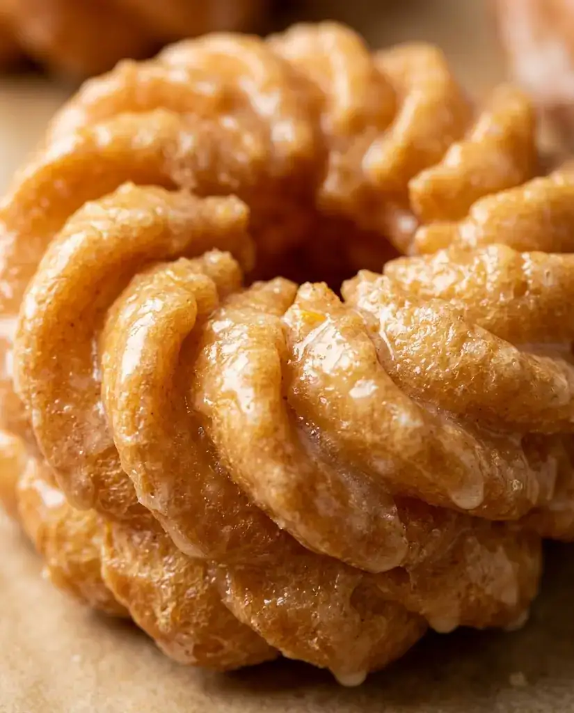Cruller Donut Made With Light Choux Pastry (Baked) Extreme close-up of a golden cruller donut with ridged choux pastry and vanilla glaze