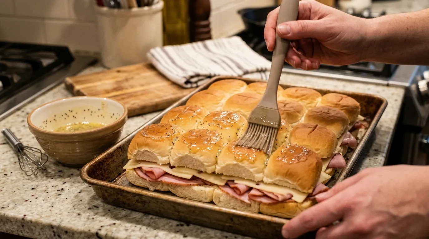 Tray of easy baked ham cheese sliders being assembled with ham, cheese, and butter brushed on top