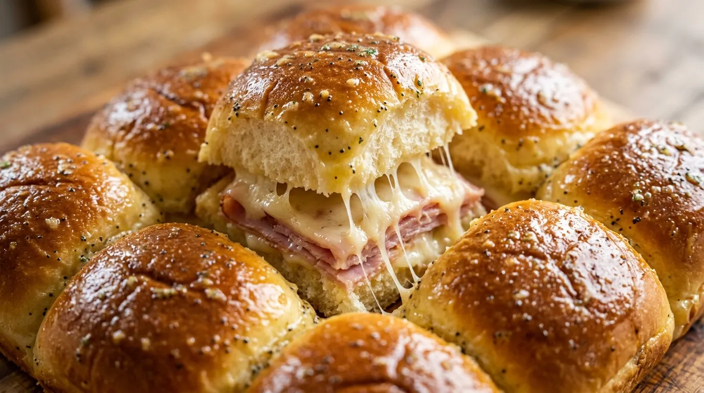 Easy baked ham cheese sliders with one pulled apart showing melted cheese and ham layers