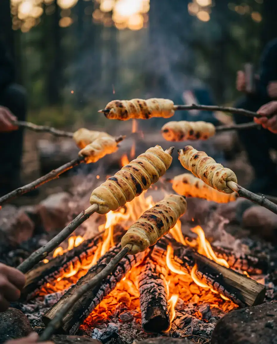 Easy Campfire Bread: Your Ultimate Braai Side! | by Tyla Campfire bread dough baking on sticks over glowing campfire embers