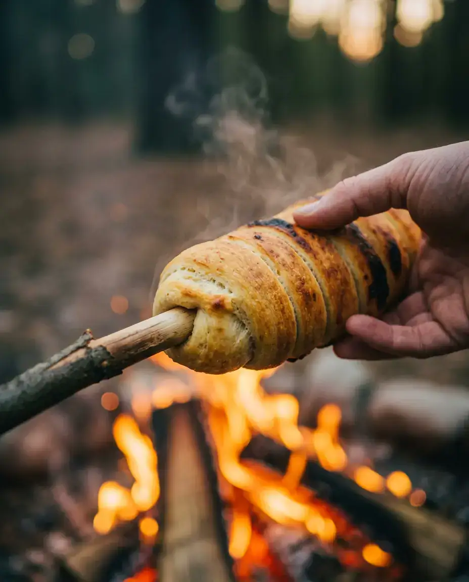 Easy Campfire Bread: Your Ultimate Braai Side! | by Tyla Golden-brown campfire bread with a crisp spiral crust held over the fire