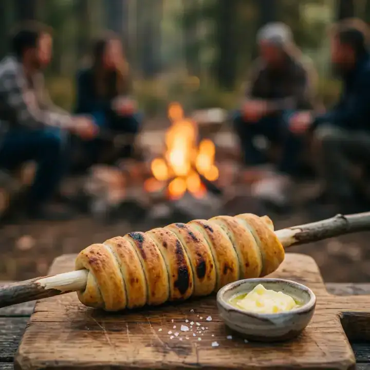 Easy Campfire Bread: Your Ultimate Braai Side! | by Tyla Golden campfire bread on a stick served on a wooden board with butter by the fire