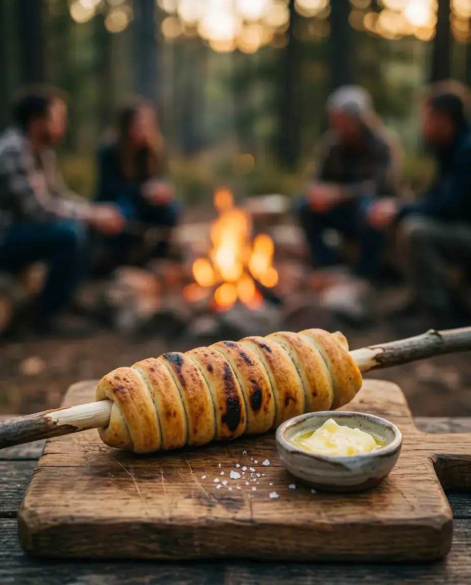 Easy Campfire Bread: Your Ultimate Braai Side! | by Tyla Golden campfire bread on a stick served on a wooden board with butter by the fire
