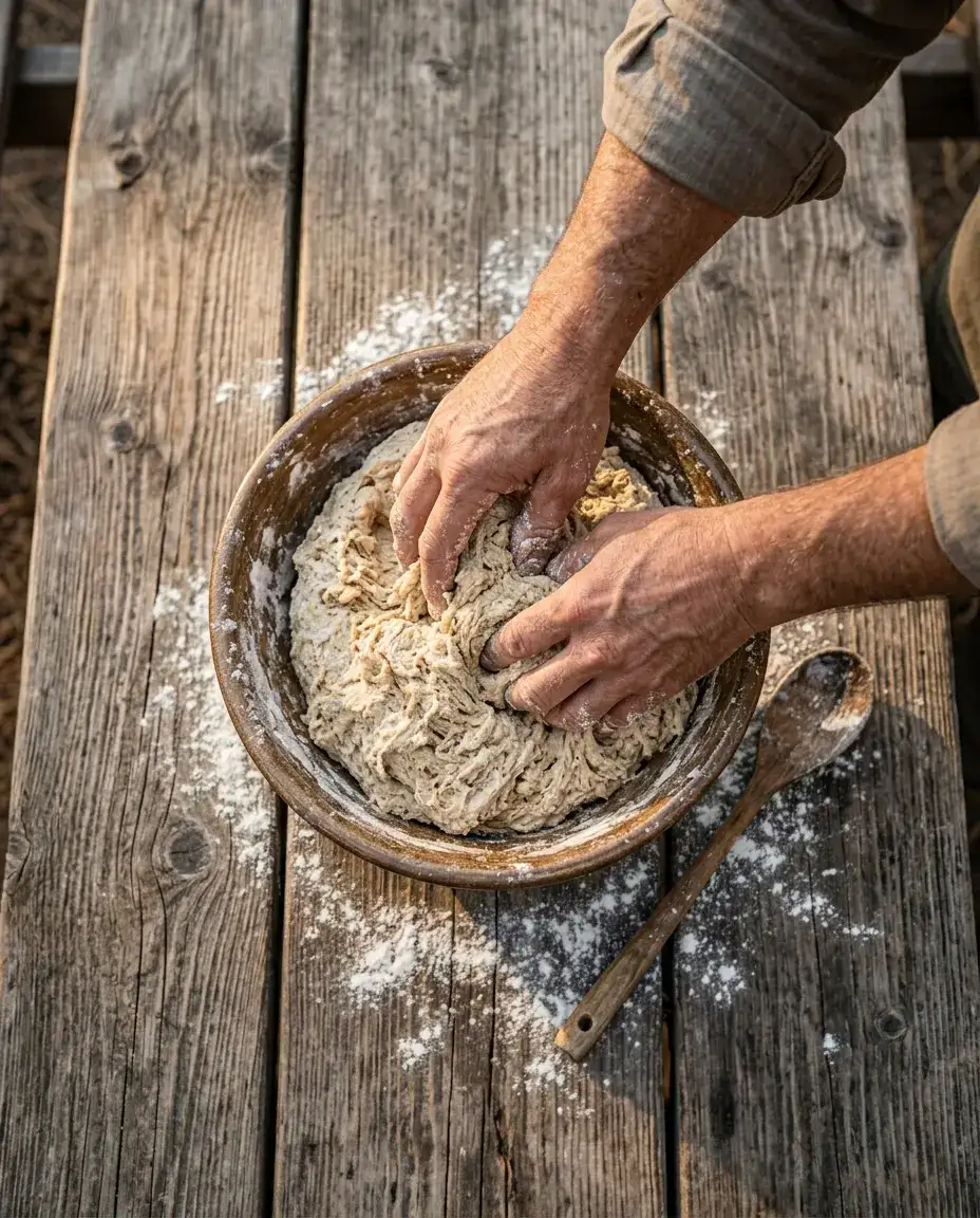 Easy Campfire Bread: Your Ultimate Braai Side! | by Tyla Mixing simple campfire bread dough in a rustic bowl on a wooden camping table