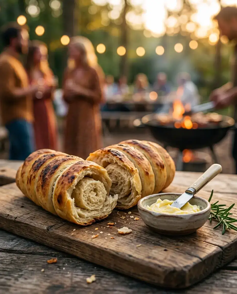 Easy Campfire Bread: Your Ultimate Braai Side! | by Tyla Golden campfire bread served on a wooden board with butter at a braai