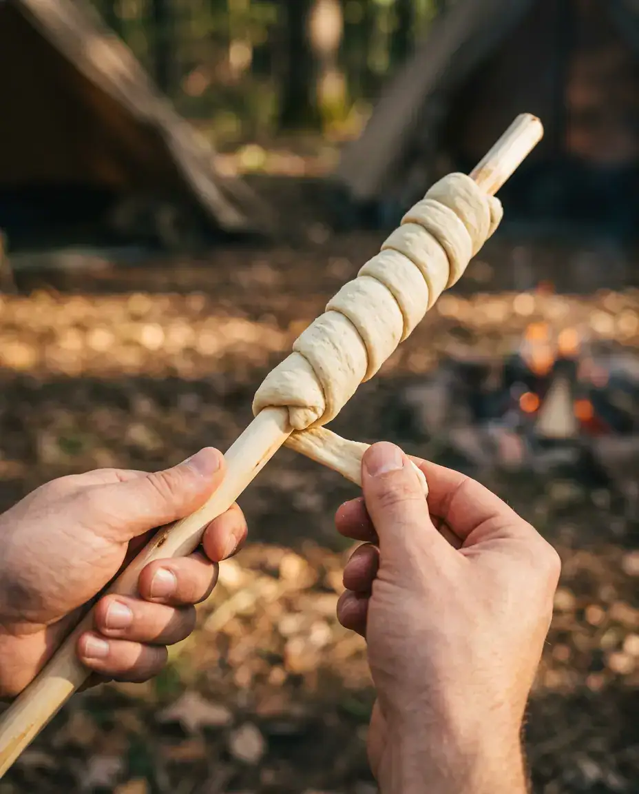 Easy Campfire Bread: Your Ultimate Braai Side! | by Tyla Wrapping campfire bread dough in a thin spiral around a wooden stick at a campsite