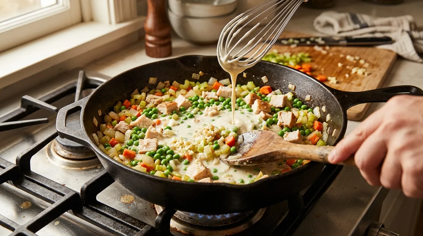 Easy Chicken Pot Pie Recipe with Puff Pastry Skillet with vegetables, chicken, and creamy sauce cooking for easy chicken pot pie.