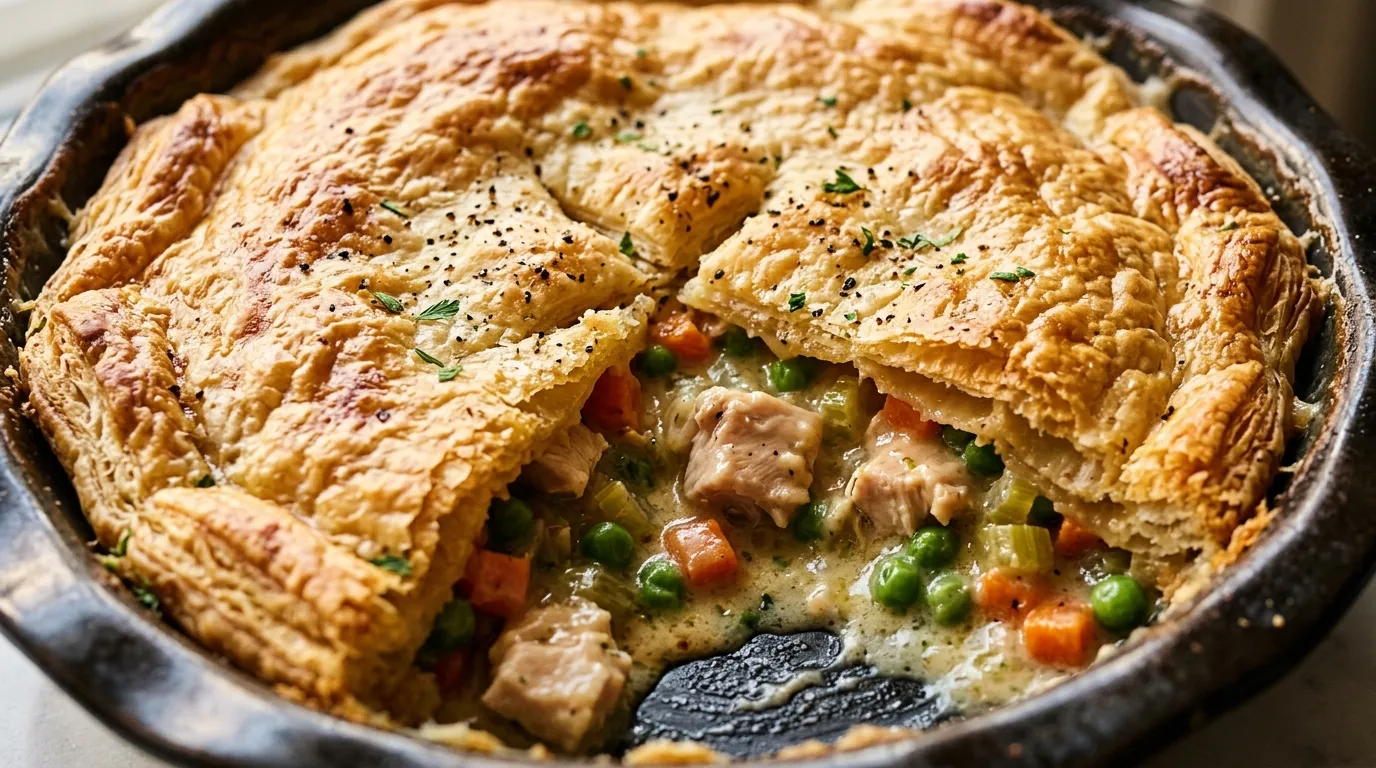 Easy Chicken Pot Pie Recipe with Puff Pastry Easy chicken pot pie with wedge removed, showing creamy chicken, peas, and carrots inside.