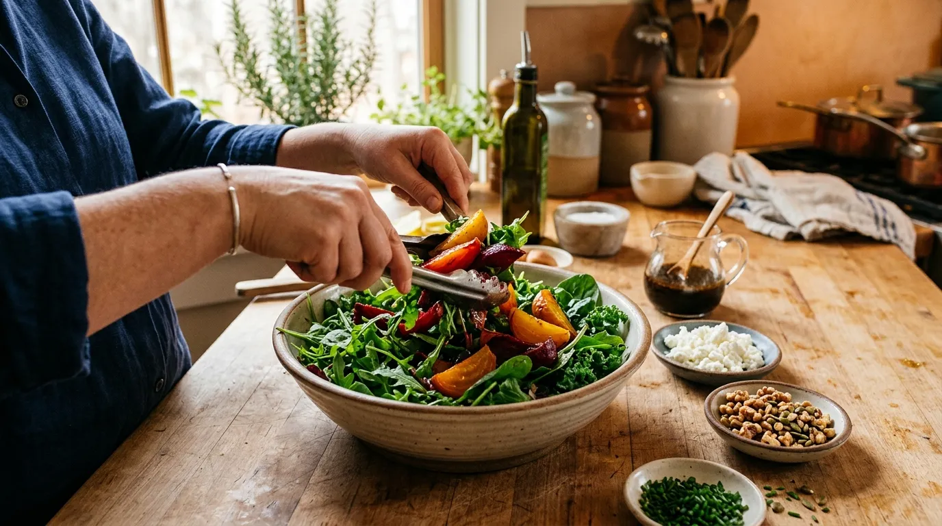Hands tossing red and golden beets into greens for easy goat cheese beet salad