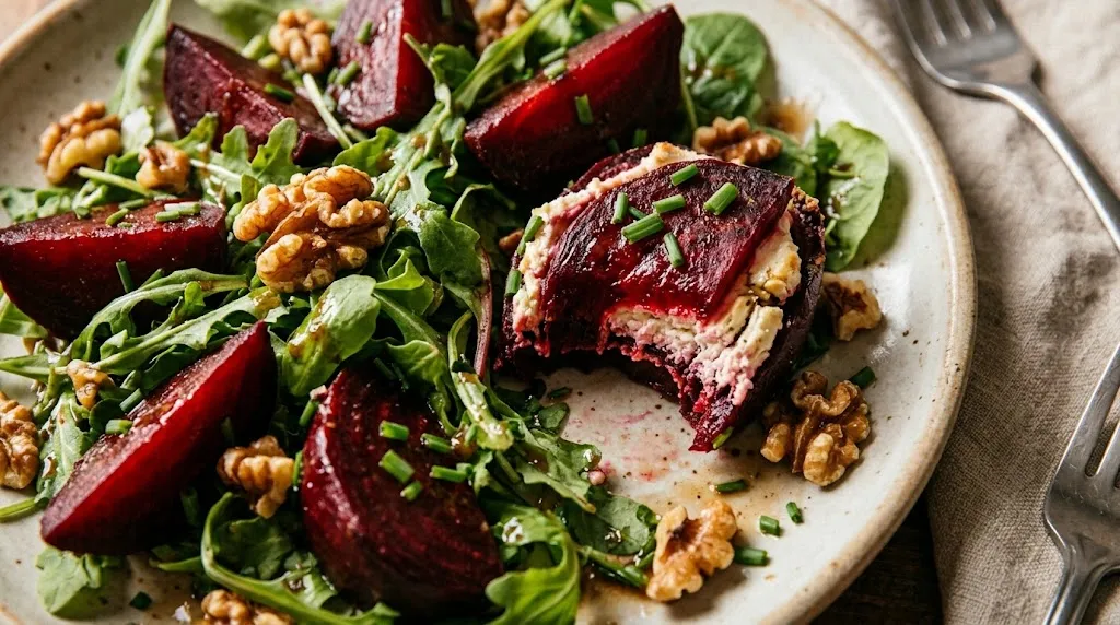 Overhead view of easy goat cheese beet salad with a bite taken from a beet wedge