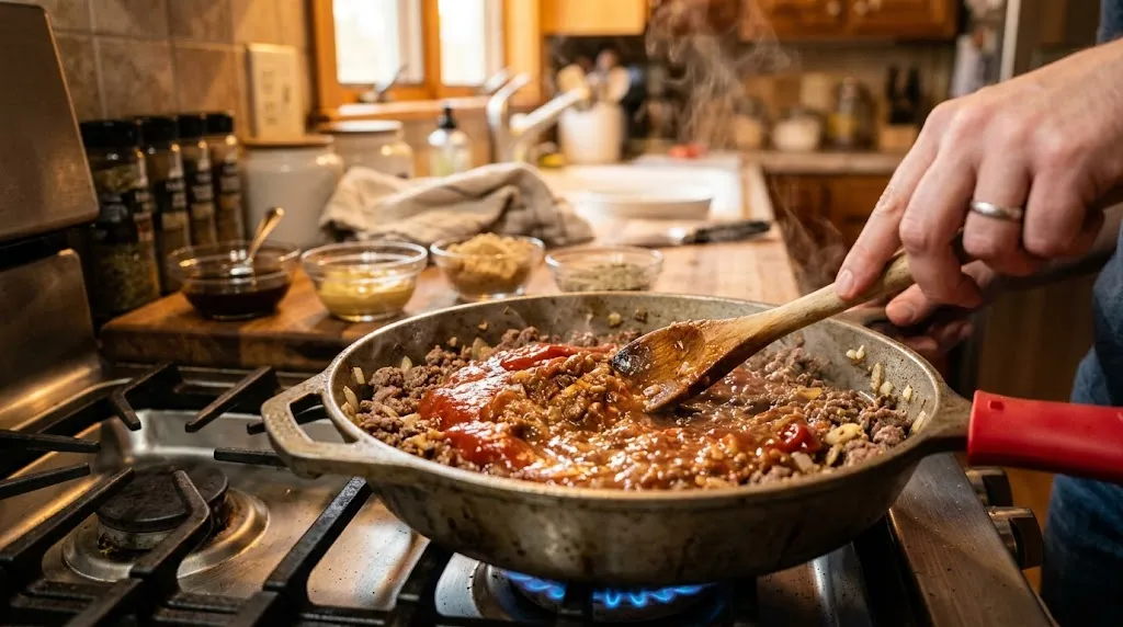 Easy Sloppy Joes Recipe for Quick Family Meals Easy sloppy joes recipe cooking in a skillet with ground beef, onions, garlic, and tomato sauce.