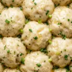 Close-up of easy yeast dumplings recipe in golden broth with herbs and glossy tops