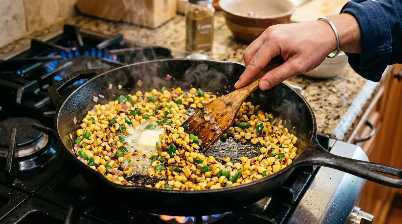 Delicious Elote Corn Salad with Creamy Dressing Skillet with corn and jalapeño sizzling with butter for elote corn salad