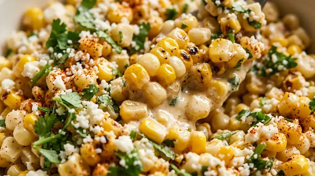 Delicious Elote Corn Salad with Creamy Dressing Close-up of creamy elote corn salad with cotija cheese and cilantro, ready to serve