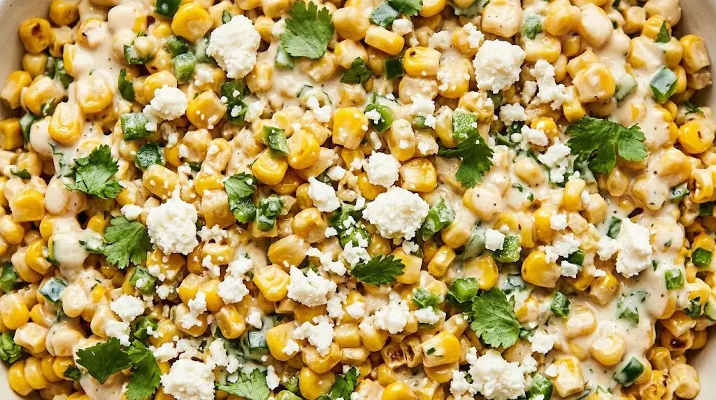 Overhead close-up of creamy elote corn salad with corn, cilantro, jalapeño, and cotija cheese